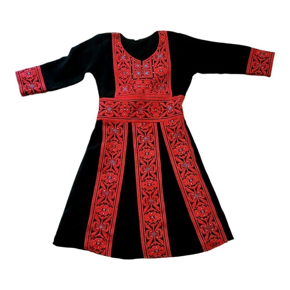 Beautiful Red and Black Embroidery Palestinian Girl Dress Thobe Tatreez Heritage